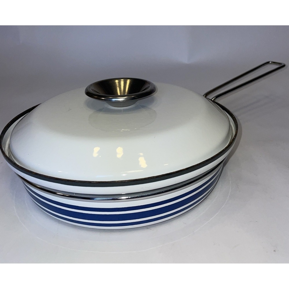 Cathrineholm Norway Blue Stripe White 8.5" Wide Enamel Frying Pan Skillet
